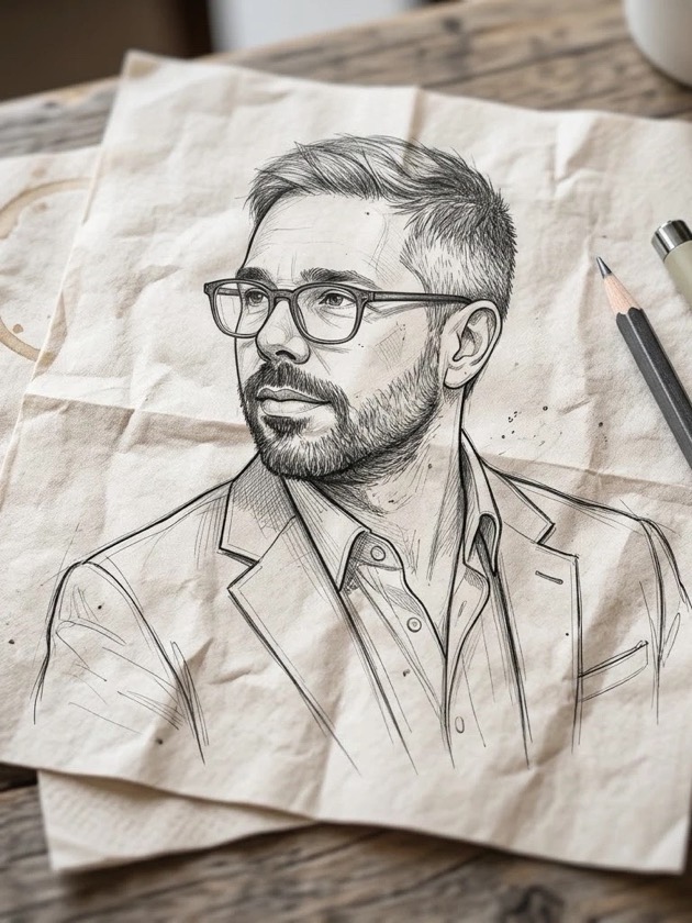Pencil sketch of André on a creased paper napkin, with a pencil beside it